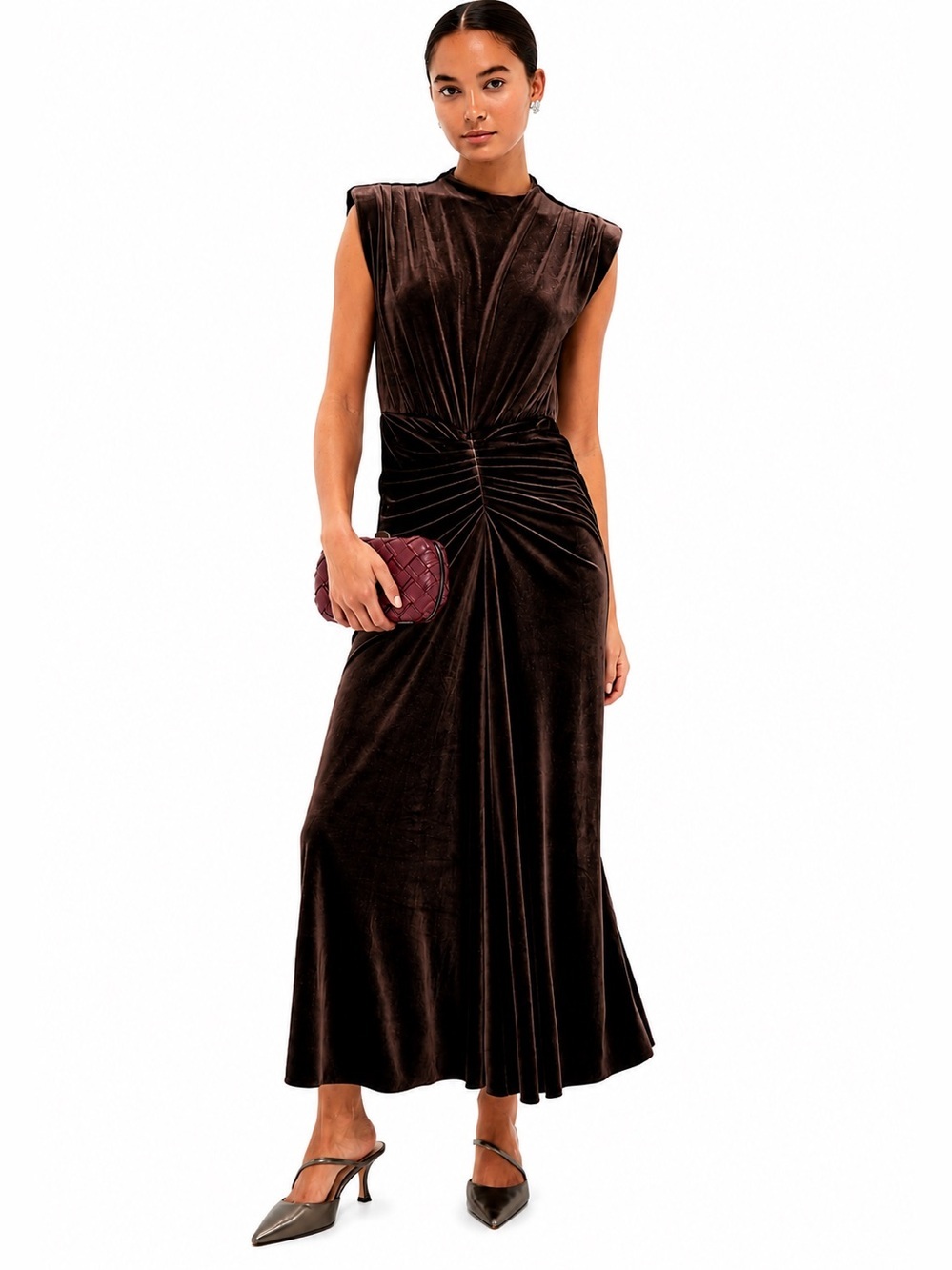 Saylor Chocolate Brown Velvet Ruched Maxi Dress XS NWT